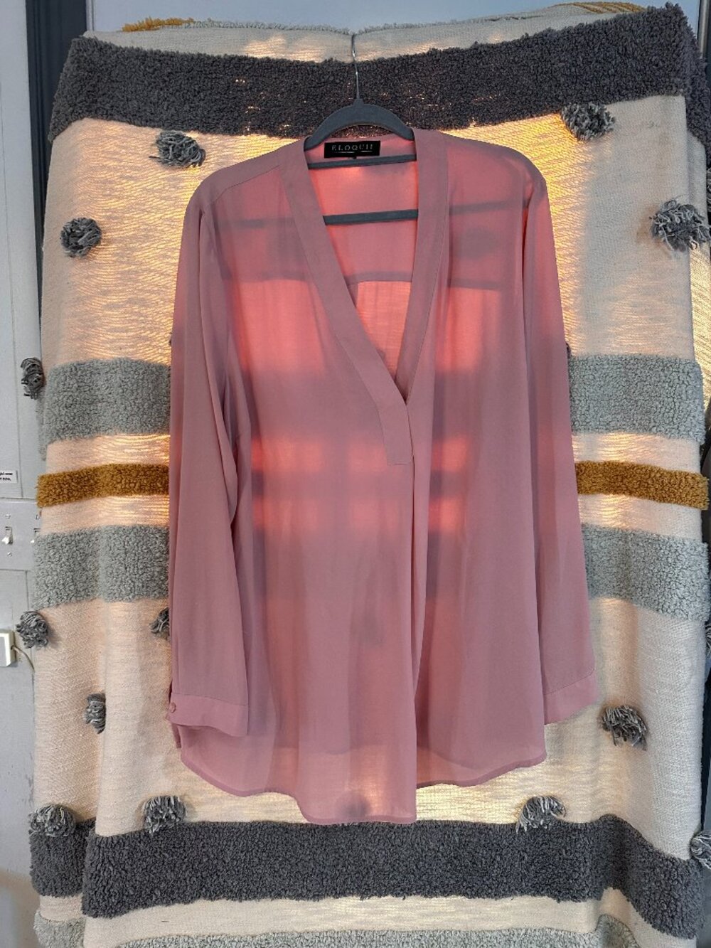 Eloquii Long-Sleeve Deep V-Neck Chiffon Tunic Blouse - Dusty Rose - 20/22